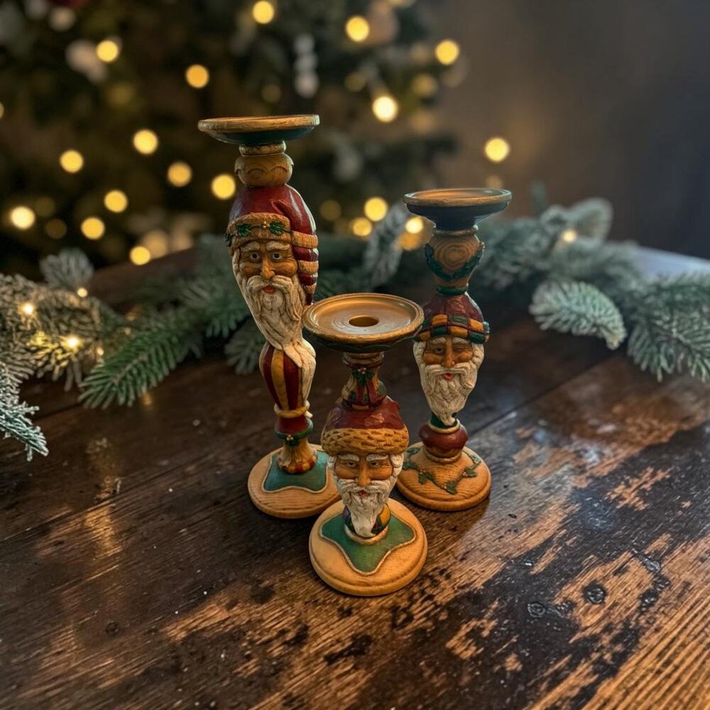 Vintage WOODLAND SANTA Candlesticks SET Pillar Taper Christmas Folk Art With Box